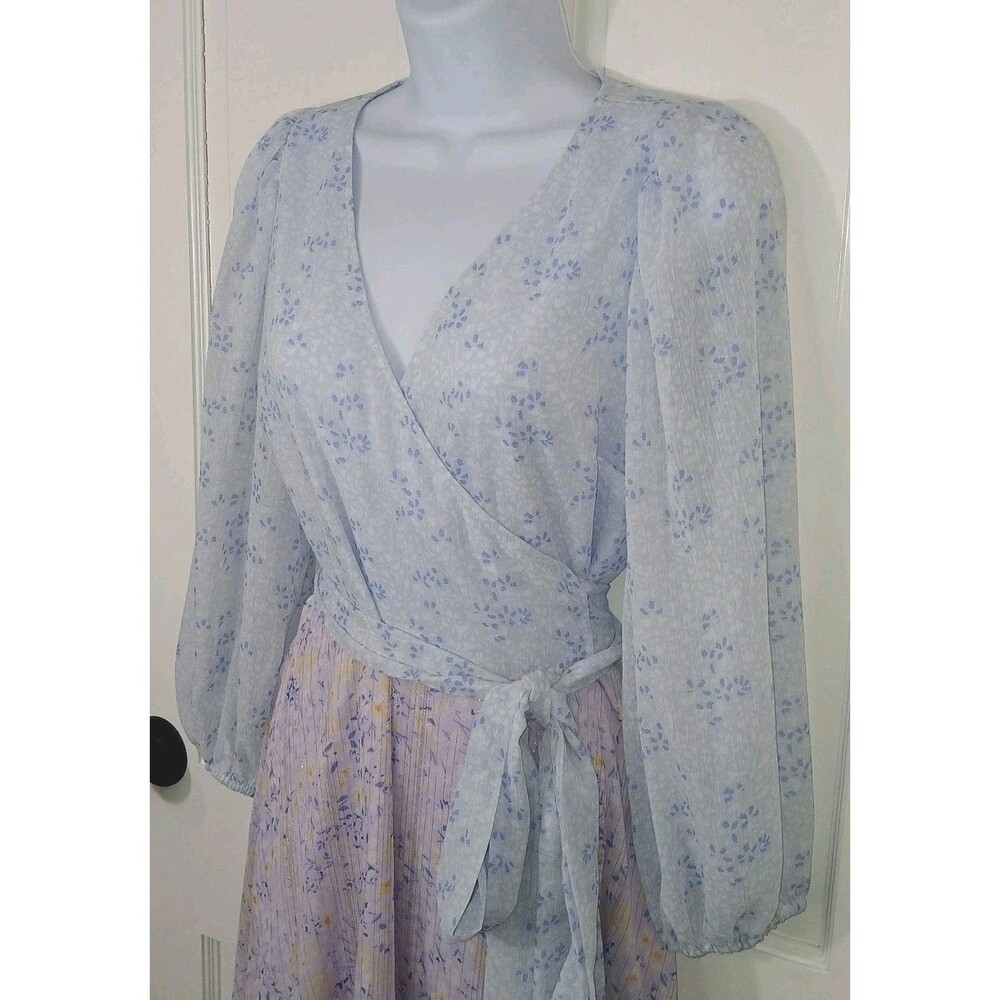 Ann Taylor Petite 6P Floral Wrap Midi Dress Blue Purple Metallic Stripe Tiered - Picture 7 of 14
